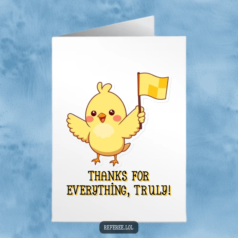 Funny Free Printable Thank You Card: A cheerful bird waving a yellow checkered flag excitedly to say thanks.