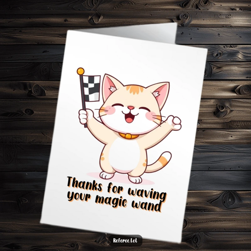 Funny Free Printable Thank You Card featuring a happy cat enthusiastically waving a checkered flag as a thank you.