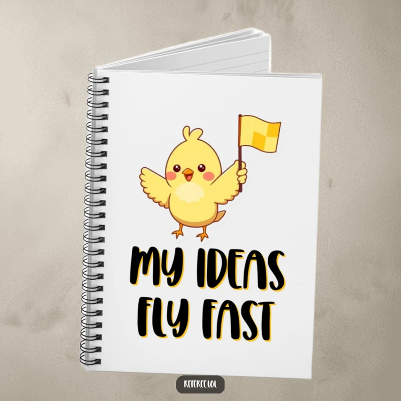 Funny notebook cover featuring a cheerful bird waving a yellow checkered flag, ready for note-taking and victory.