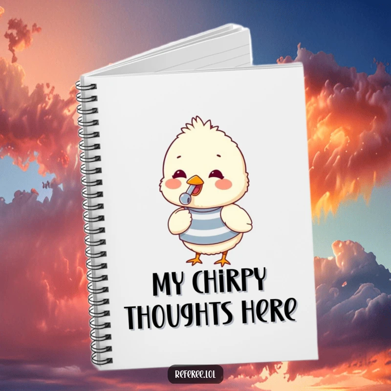 Funny notebook featuring a fluffy chick in a striped shirt, blowing a whistle with glee, ideal for notes and bright ideas.