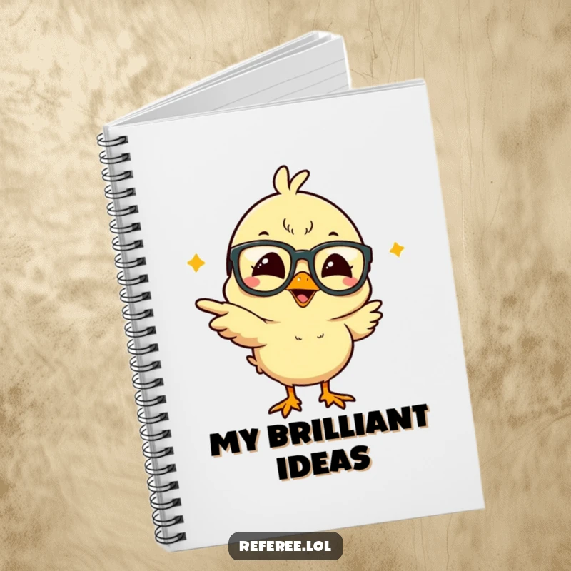 Funny giggling chick with oversized glasses, pointing erratically, featured on the cover of a notebook for humorous note-taking.