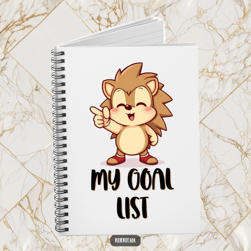 Funny hedgehog notebook, happily pointing towards a goal line, perfect for planning achievements and future success.