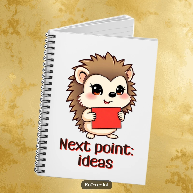 Funny notebook cover showing a determined hedgehog holding a red card, designed for capturing thoughts with a humorous twist.