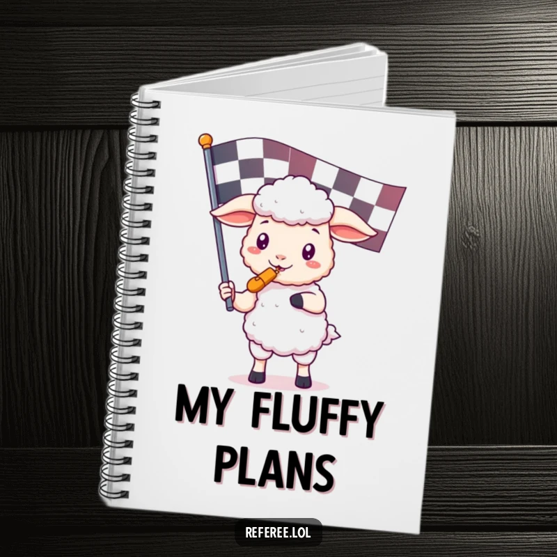 Funny notebook cover featuring a kawaii sheep holding a referee whistle and checkered flag, designed for jotting down ideas with a touch of cute game-day fun.