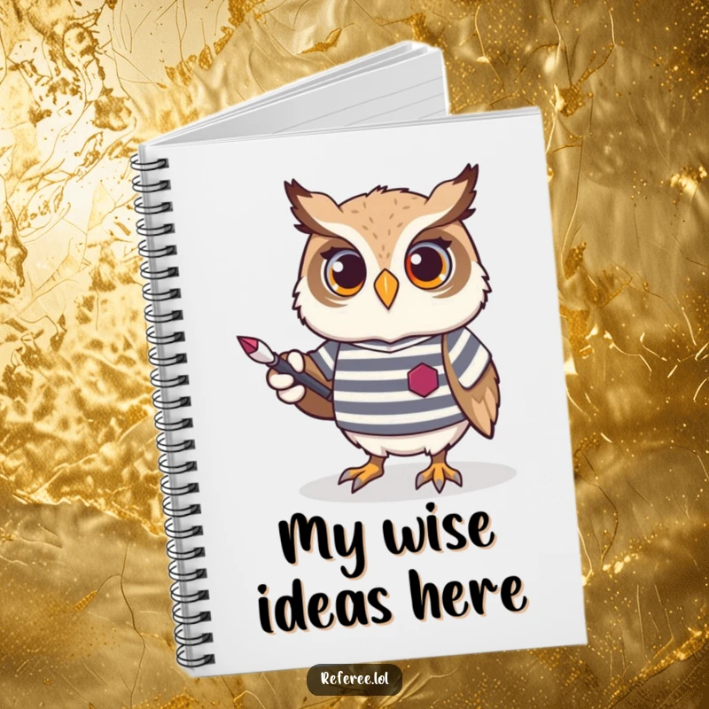 Funny Owl Notebook featuring a proud owl in a striped jersey, holding a pointer, ideal for capturing thoughts with scholarly amusement.