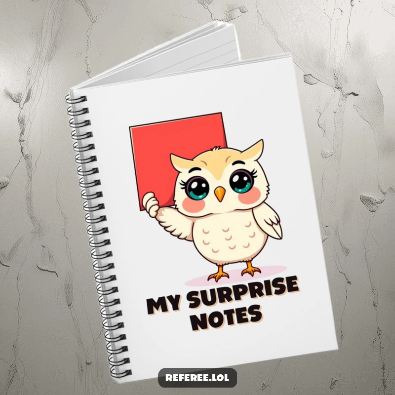Funny surprised owl holding up a giant red card on a notebook, for jotting down humorous infractions.