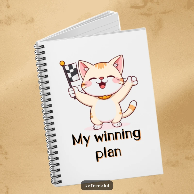 Funny happy cat enthusiastically waving a checkered flag on a notebook, perfect for jotting down winning ideas.