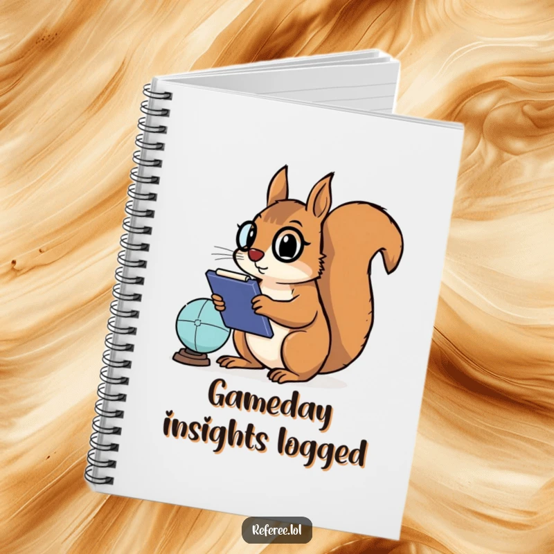 Funny notebook featuring a determined squirrel holding a clipboard, intently watching a game, ready to jot down strategic plans and brilliant ideas.