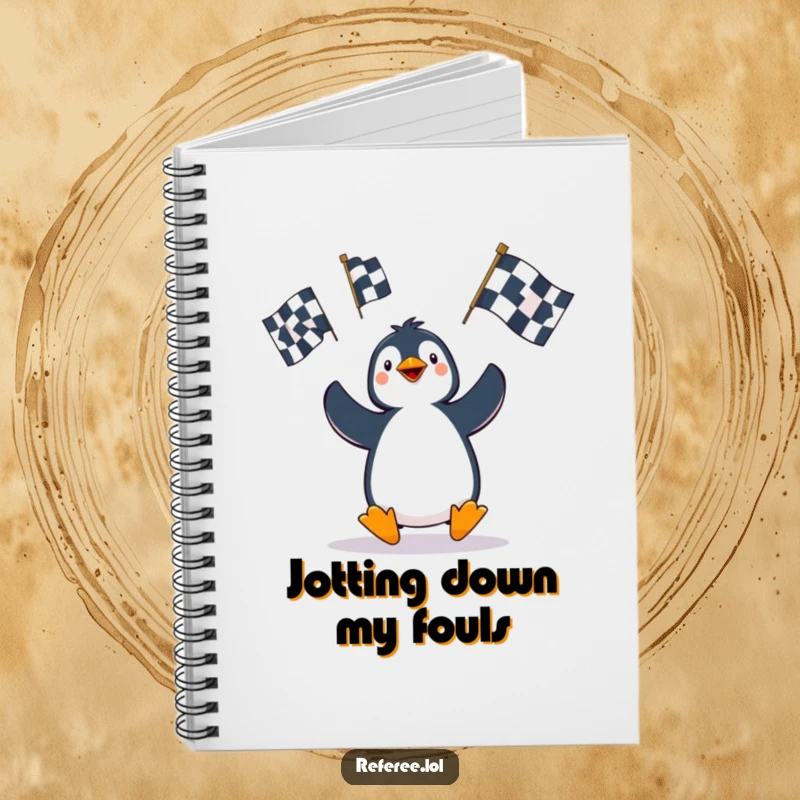 Funny Penguin Notebook: A whimsical penguin juggles oversized penalty flags, accompanying your notes with a dose of playful humor.