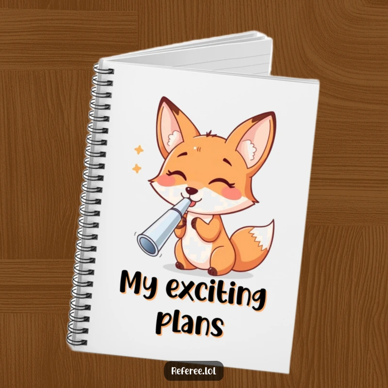 Funny cheerful fox blowing a shiny silver whistle, ready to signal ideas, on a funny notebook.