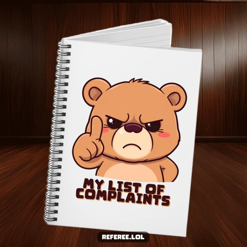 Funny grumpy bear notebook showing a stern bear pointing a finger with a frown, ideal for jotting down important directives.