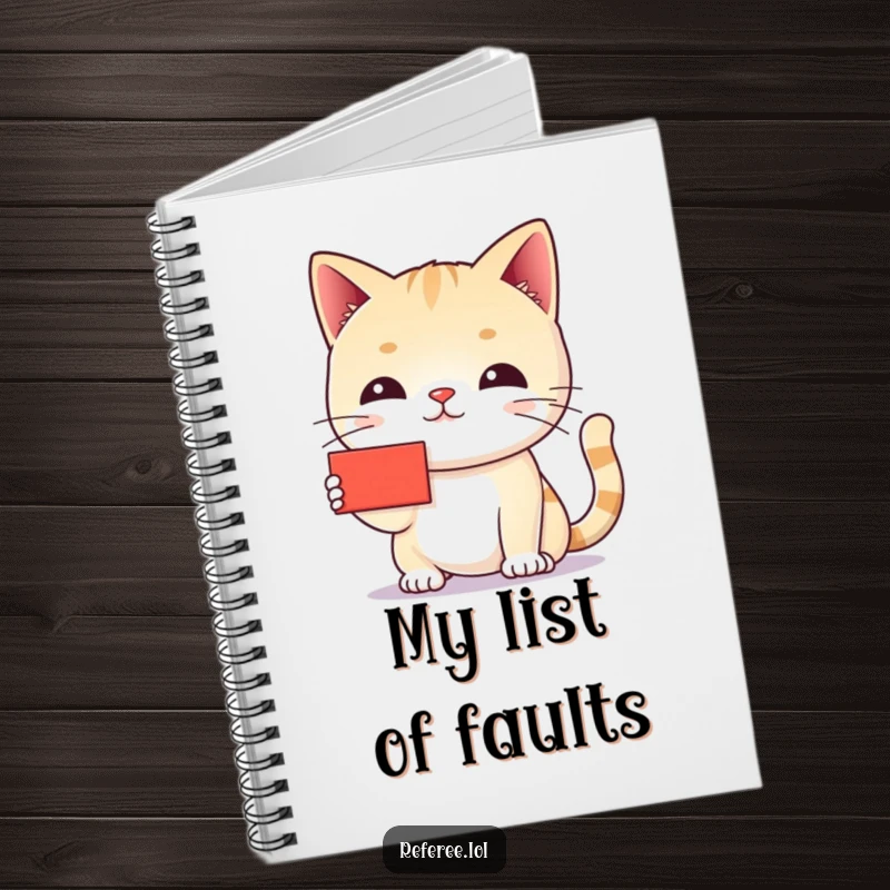 Funny cat red card notebook showing a stern cat holding a tiny red card, ideal for jotting down important feline decrees.