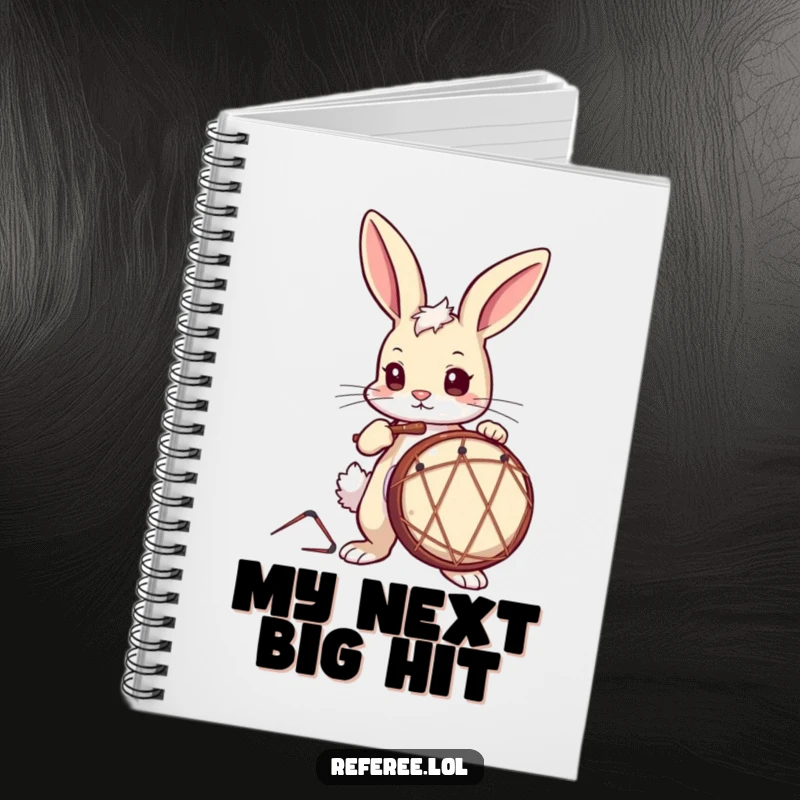 Funny Notebook cover with a curious bunny with a determined look, drumming, perfect for music notes.