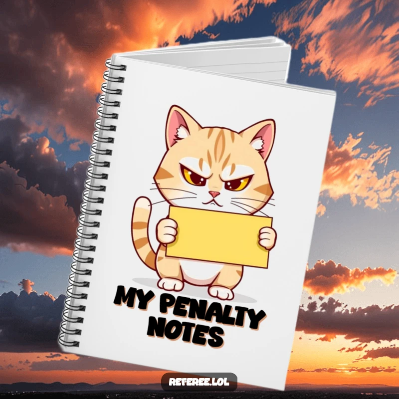 Funny Notebook: A determined cat squints, holding a yellow card, perfect for jotting down notes with humorous authority and sharp focus.