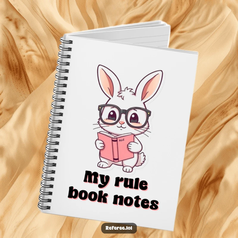 Funny notebook featuring a shy bunny adjusting oversized glasses and holding a rule book, ideal for organized notes and thoughts.