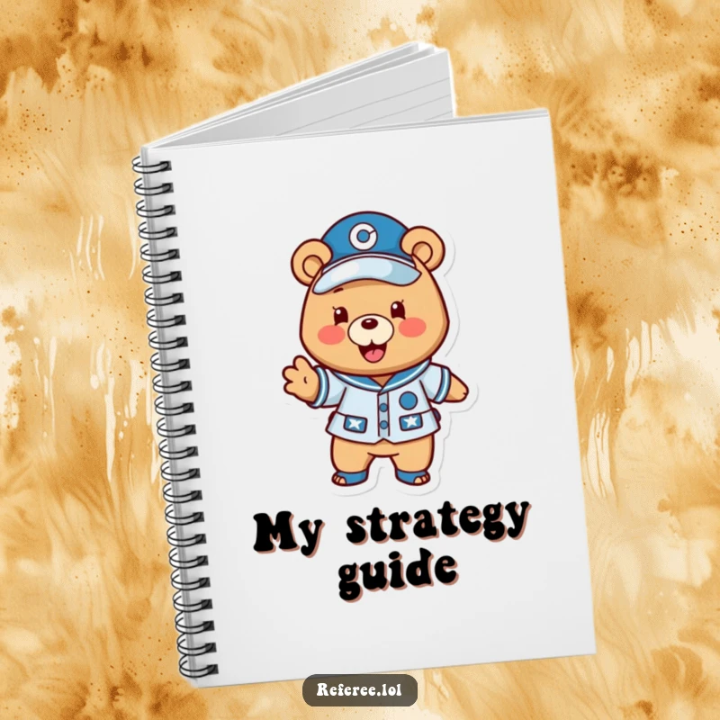 Funny bear coach notebook featuring a happy uniformed bear excitedly gesturing a play forward, inspiring organized and motivational note-taking.