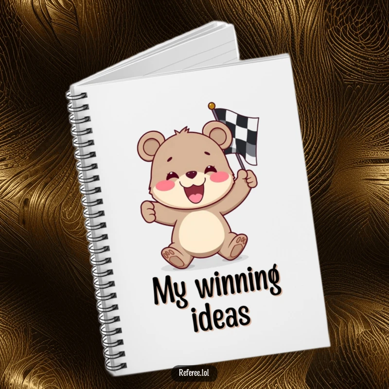 Funny bear cub notebook, excitedly waving a checkered flag, perfect for capturing racing thoughts and plans.
