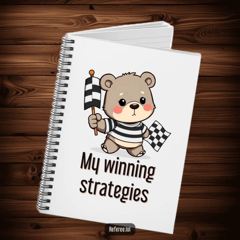 Funny notebook featuring a determined bear in a striped shirt holding a checkered flag, ideal for planning and achieving goals.