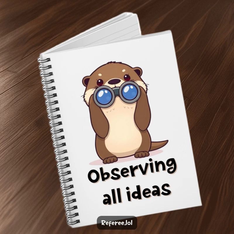 Funny notebook cover featuring a curious otter peering through large binoculars, perfect for jotting down discoveries and funny thoughts.