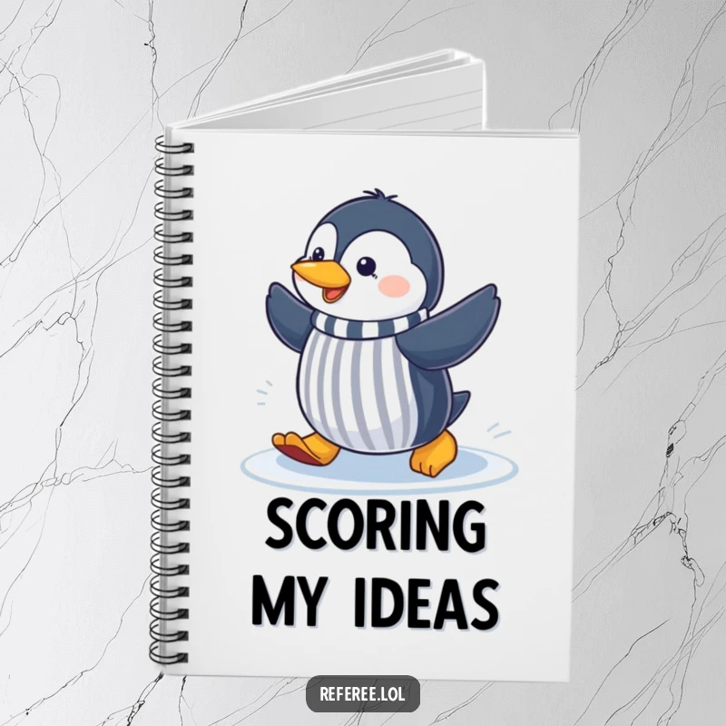 Funny cheerful penguin sliding on ice, making a referee gesture, on the cover of a notebook for humorous note-taking.