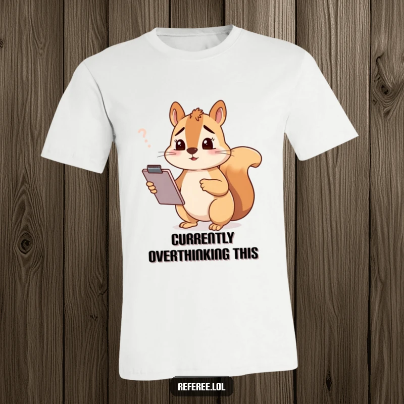 Funny squirrel wearing a shirt, holding a clipboard, looking utterly confused, perfect for a funny t-shirt gift.