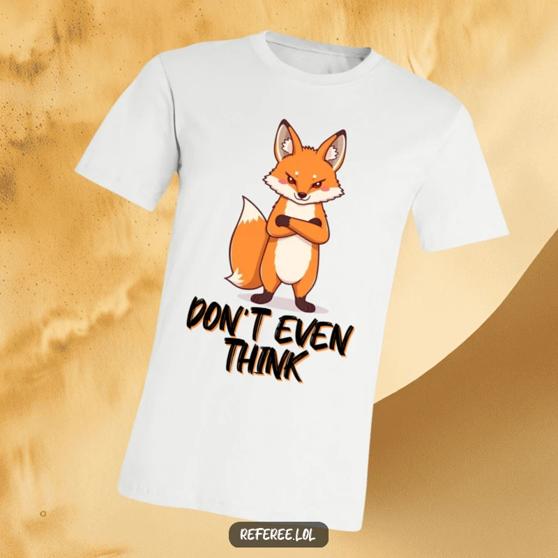 Funny proud fox with arms crossed and a stern face, on a comfortable t-shirt, projecting humorous authority and confidence.