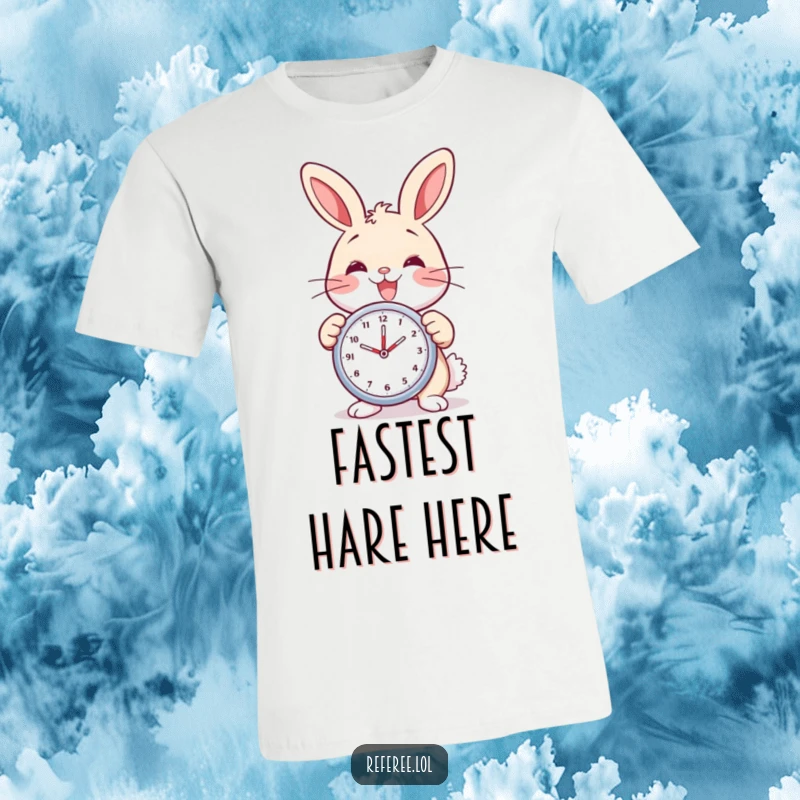 Funny bunny t-shirt depicting a delighted bunny with a wide smile, holding a stopwatch. Ready for any race.
