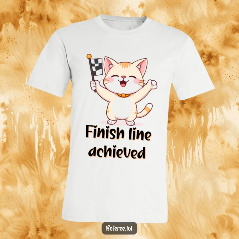 Funny happy cat enthusiastically waving a checkered flag on a t-shirt, signaling a triumphant finish.