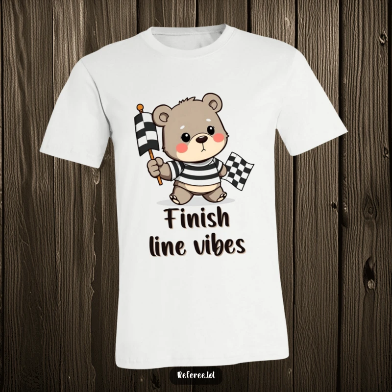 Funny t-shirt featuring a determined bear in a striped shirt holding a checkered flag, celebrating the thrill of the race.