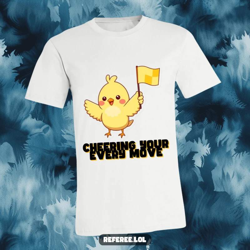 Funny t-shirt featuring a cheerful bird with outstretched wings, waving a yellow checkered flag with pure excitement.