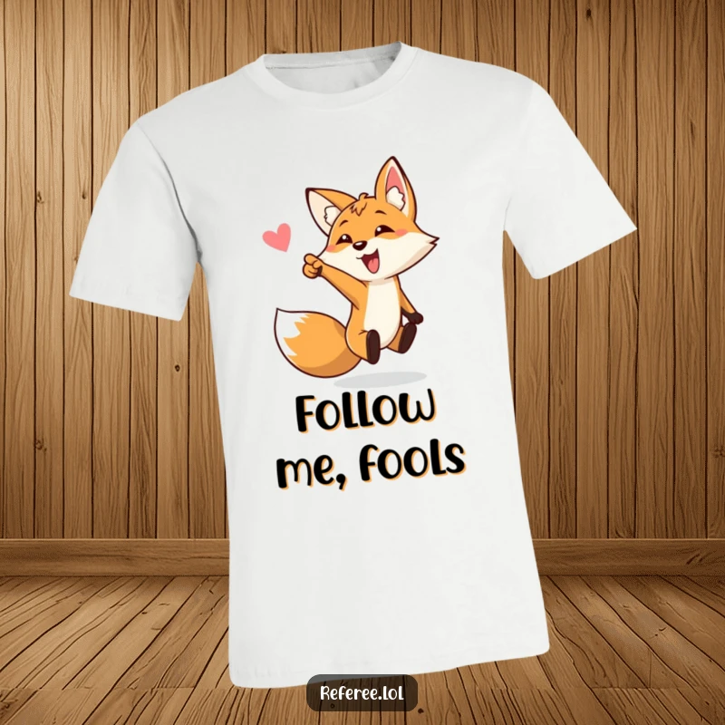 Funny t-shirt featuring an energetic fox bouncing and pointing towards a goal, a humorous sports apparel item and a funny gift.