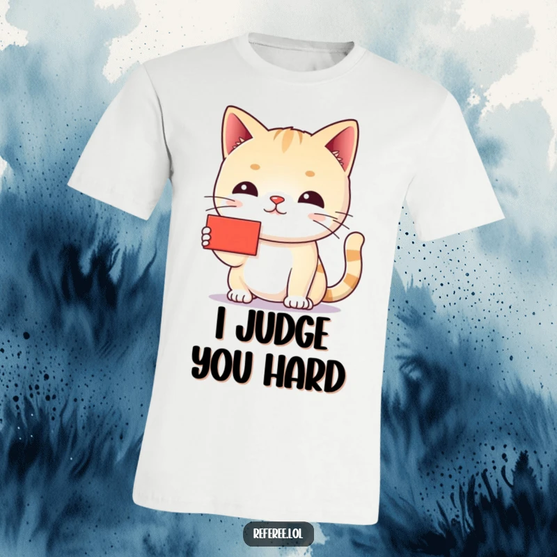 Funny cat t-shirt depicting a chiding cat sternly holding up a tiny red card, embodying playful disapproval and cat rules.