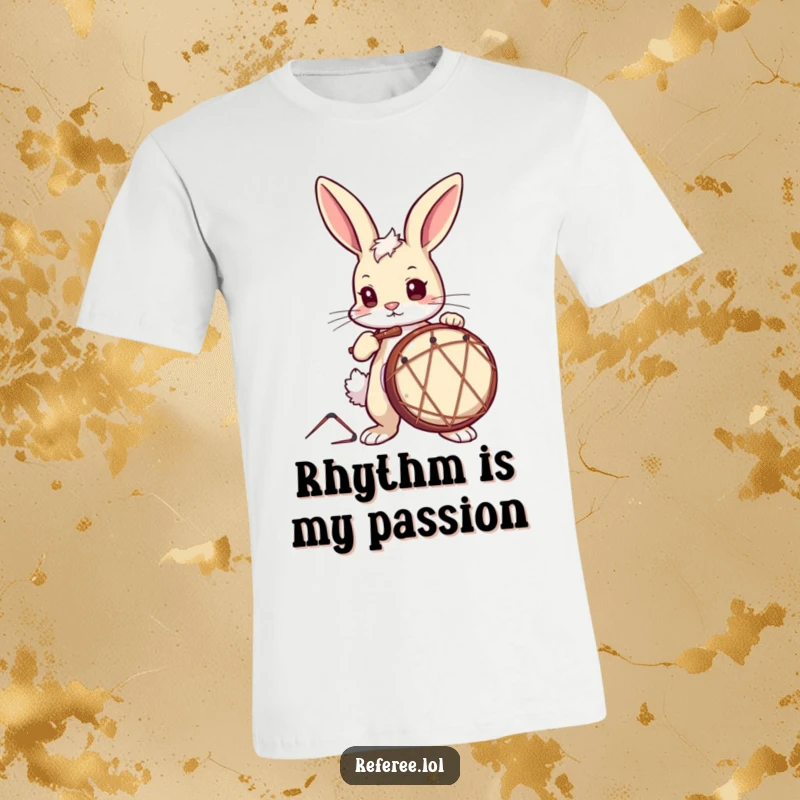 Funny T-Shirt depicting a curious bunny with a determined expression, actively drumming, a symbol of musical energy.