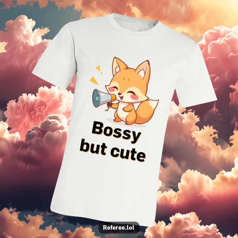 Funny fox character giggling and shouting instructions through a tiny megaphone, printed on a comfortable t-shirt.
