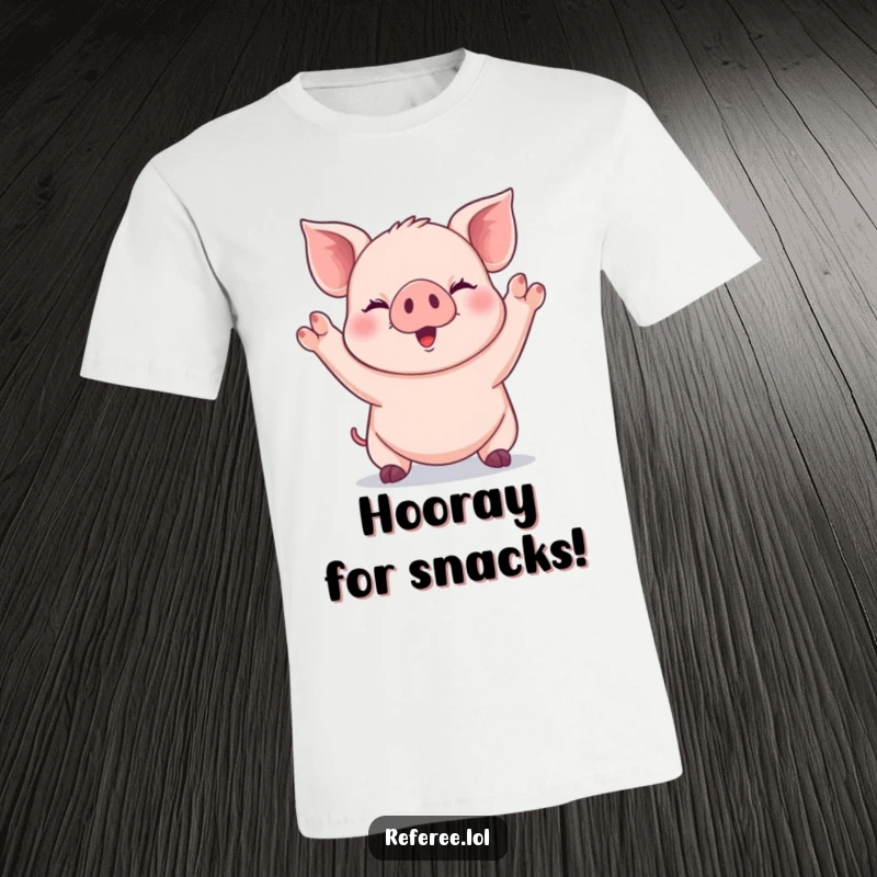 Funny giggling piglet signaling with both paws raised high on a t-shirt, embodying pure joy and celebration.