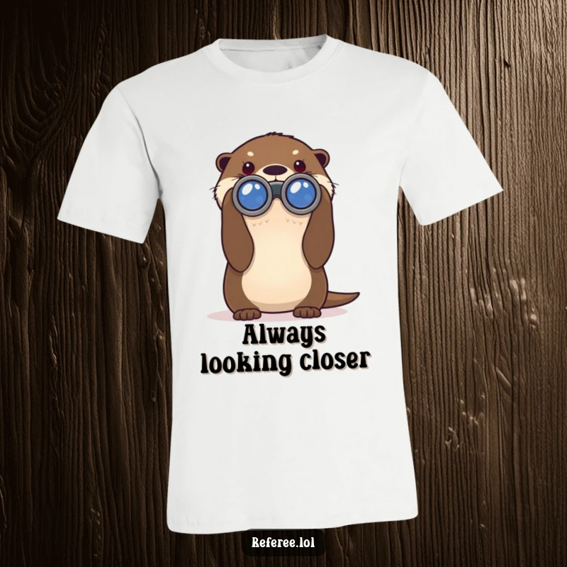 Funny t-shirt featuring a curious otter using large binoculars to look into the distance, a humorous depiction of exploration and discovery.