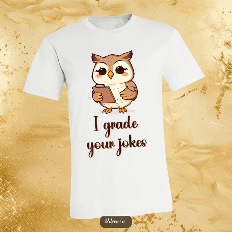 Funny wise owl holding a clipboard, ready to record insights, printed on a humorous t-shirt.