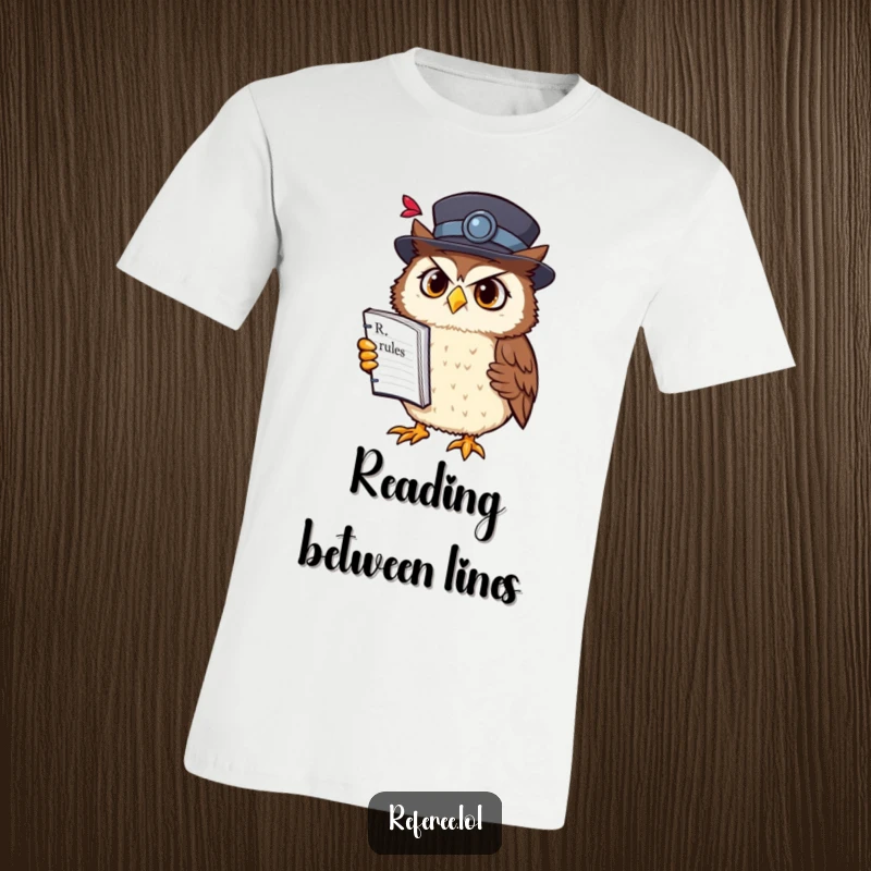 Funny owl rulebook t-shirt with a confused owl in a fancy hat holding a rulebook upside down, perfect for intellectual humor.