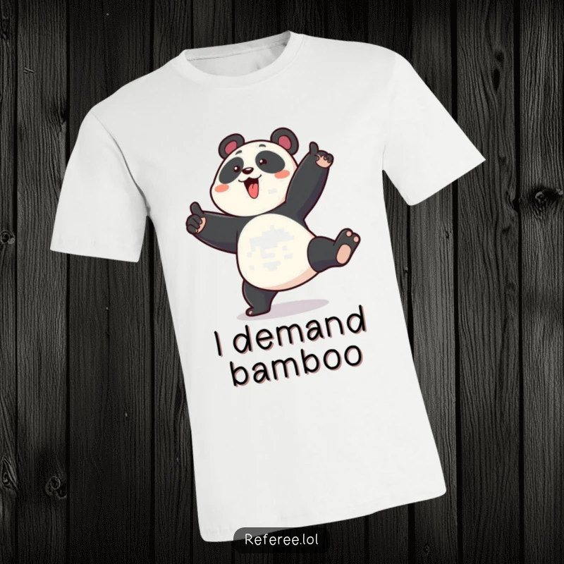 Funny t-shirt of an enthusiastic panda stomping its foot and pointing emphatically, conveying a strong, humorous message.