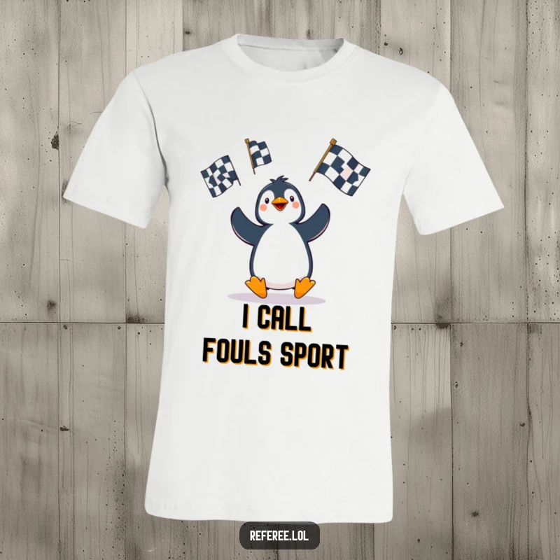 Funny Penguin T-Shirt: A cheerful penguin hilariously juggles three large penalty flags, perfect for sports enthusiasts and lovers of funny art.