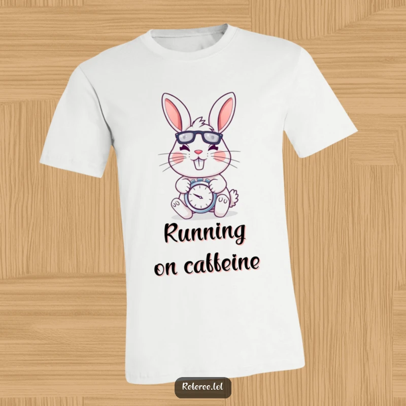 Funny t-shirt of a cheerful rabbit holding a stopwatch with a determined, energetic expression, perfect for active people.