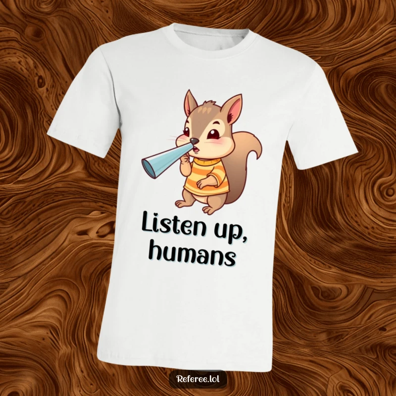 Funny squirrel referee t-shirt showing a tiny uniformed squirrel blowing a large whistle, perfect for sports fans and animal lovers.