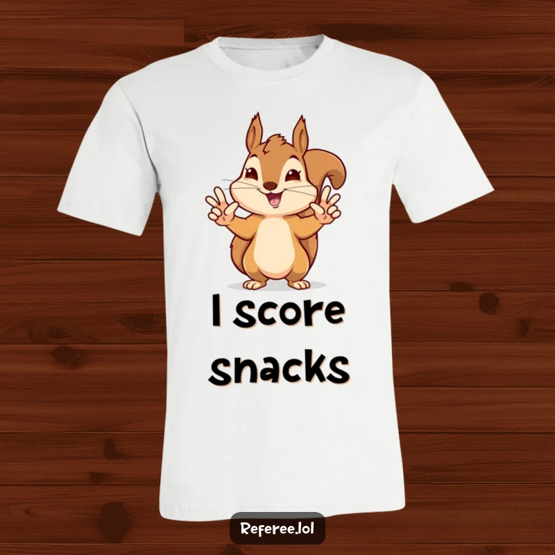Funny t-shirt of a delighted squirrel making precise hand signals signifying a touchdown, perfect for sports fans.