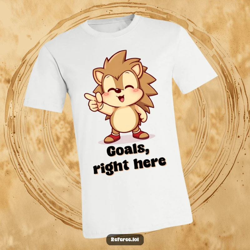 Funny hedgehog t-shirt, happily pointing intently towards a distant goal line, embodying focus and drive.