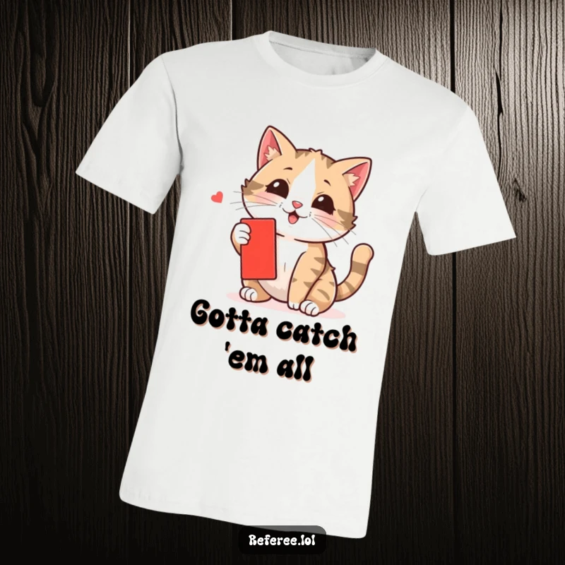 Funny cat t-shirt featuring a playful kitten mid-swipe at a tiny red card, capturing a moment of pure feline amusement.