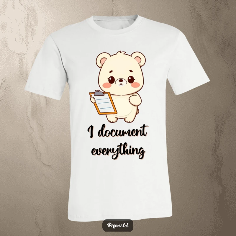 Funny t-shirt with a smiling bear holding a clipboard, looking confused. Great for casual wear and as a humorous present.