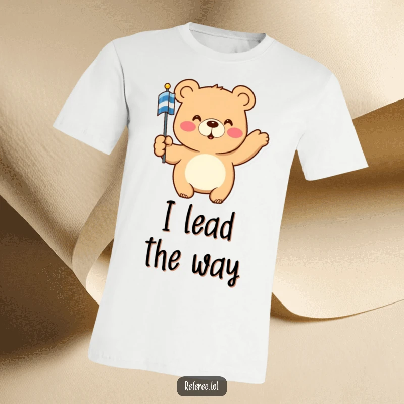 Funny T-Shirt: A happy bear enthusiastically points with a striped flag, conveying confident humor and leadership for a great gift.