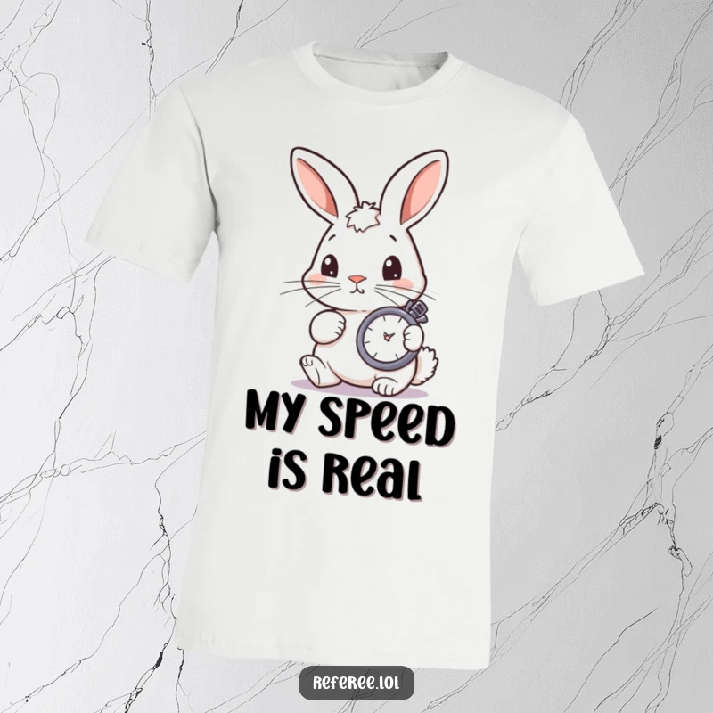 Funny bunny intently checking a stopwatch with a twitching nose, printed on a humorous t-shirt.