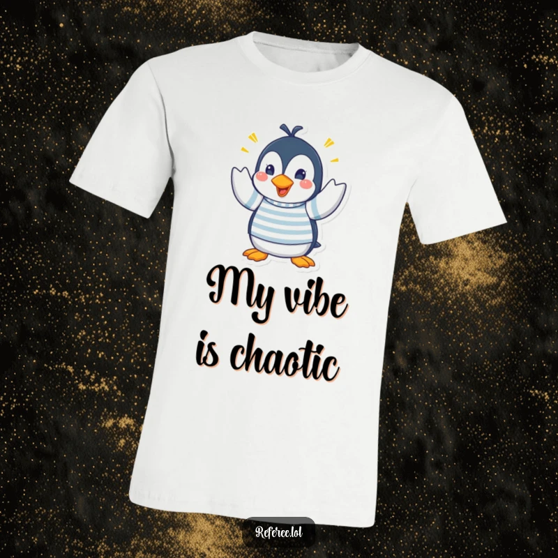 Funny t-shirt showcasing a playful penguin in a striped shirt, using exaggerated and frantic hand signals to convey a humorous, indecipherable message.
