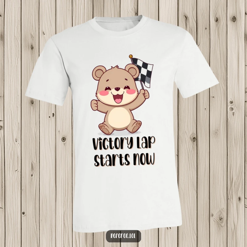Funny bear cub t-shirt, enthusiastically waving a checkered flag, capturing the excitement of a race finish.